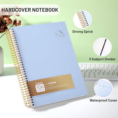 FLYING EAGLE 3 Subject Spiral Notebook Large Spiral Notebook 8.5 X 11, Blue Journal for Women Men, 100 GSM Thick Paper 104 Sheets, Hardcover Notebook for Work, School, Writing, Note Taking Blue - color: 1.blue