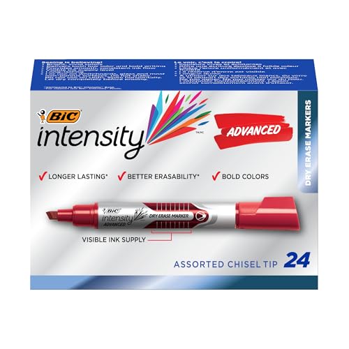 BIC Intensity Advanced Colorful Dry Erase Markers, Chisel Tip, 24-Count | Ideal for Teachers and Office Use | Smooth Flowing Liquid Ink | Easy Erase for Quick Cleanup | Non-Toxic, ACMI-Approved - size: 1 Count (Pack of 1)