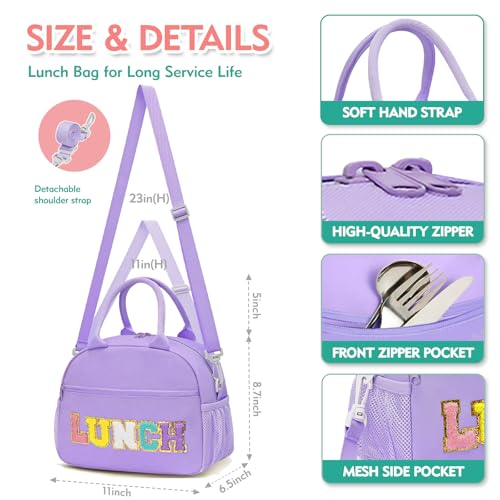 Lunch Bag for Girls and Women, Cute Preppy Lunch Bag with Chenille Letters, Insulated Large Capacity Lunch Tote with Detachable Strap for School, Work & Picnic, Purple - color: Purple