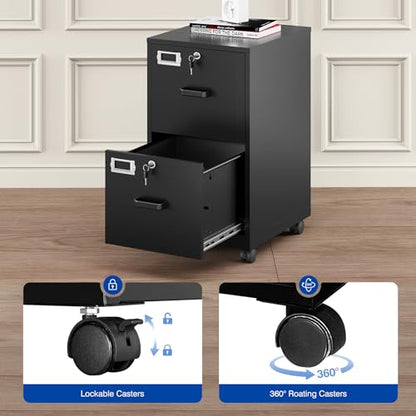 BYNSOE 2 Drawers File Cabinet with Lock Metal Vertical File Cabient with Wheels Mobile File Cabinet for Office Home Legal/Letter/a4 Size Require Assembly - color: Black, size: 2 Drawers-wheels