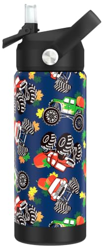 Boys Monster Truck Pumpkin Water Bottle for School，Kids 18 oz Insulated Stainless Steel Cup with Straw, Double-Wall Vacuum Leakproof - color: C11.Monster Truck-Pumpkin