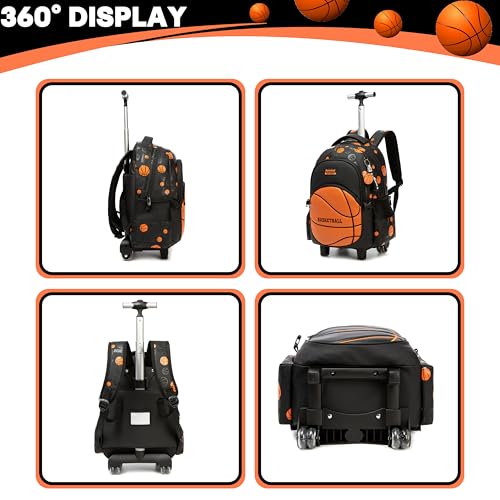 Kids Rolling Backpack Roller Backpack with Wheels Elementary Kindergarten Students Basketball Trolley School Bag for School Boys - color: Orange