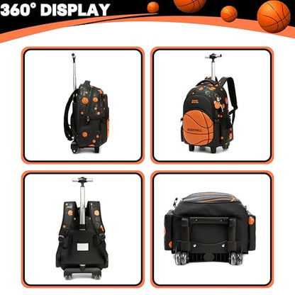 Kids Rolling Backpack Roller Backpack with Wheels Elementary Kindergarten Students Basketball Trolley School Bag for School Boys - color: Orange