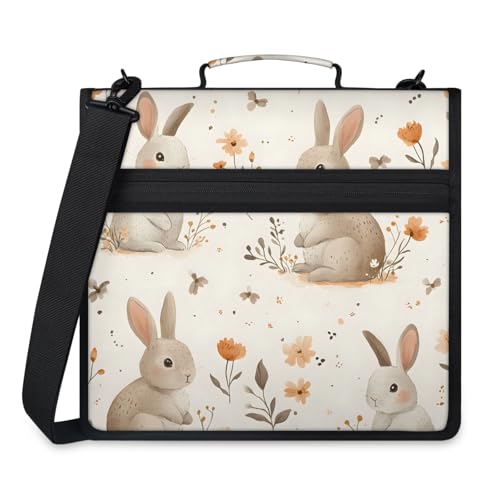 Rabbit Floral Zipper Binder, 3 D-Ring Expanding File Folder with Handle & Adjustable Shoulder Strap, 400 Sheets Capacity Multi-Pocket Organizer for 13 Inch Laptop - color: Rabbit Floral