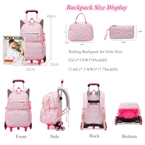Mfikaryi Girls Rolling Backpack Elementary Student Outdoor Travel Trolley Bag Bookbag with Wheels - color: Purple -6 Wheels
