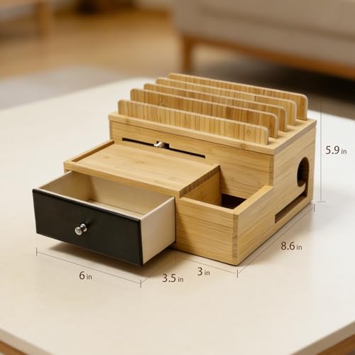 Bamboo Charging Station Organizer with 5-Cables, No USB Charger | for Multi-Devices, with Drawer and Pen Holder, Nightstand Desk Charging Stations Organizer for Cell Phone, Tablet, Etc