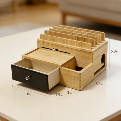 Bamboo Charging Station Organizer with 5-Cables, No USB Charger | for Multi-Devices, with Drawer and Pen Holder, Nightstand Desk Charging Stations Organizer for Cell Phone, Tablet, Etc
