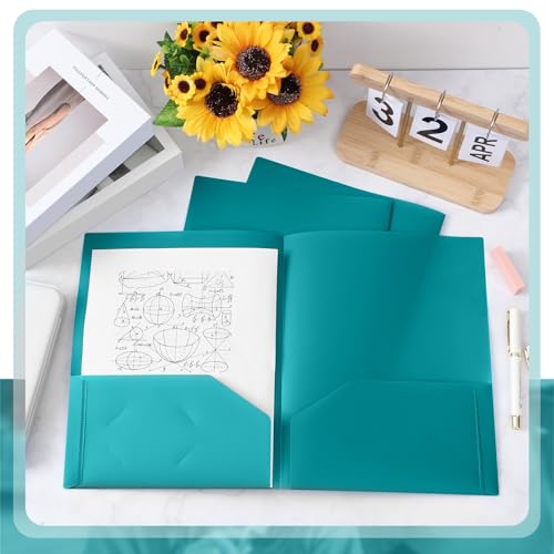Gueevin 100 Pack Plastic Folder with Pockets, 2 Pocket Folders, Plastic Glossy Folders Fit Letter Size Paper, Heavy Duty Durable File Folder with Business Card for Home Office School (Turquoise Green) - color: Turquoise Green