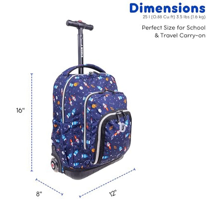 J World Lollipop Kids Rolling Backpack & Lunch Bag Set for Elementary School. Carry-On Suitcase with Wheels, Spaceship - color: Multicolor