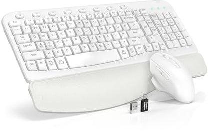 SABLUTE Wireless Keyboard and Mouse Combo with Ergonomic Wave Key | Leather Soft Palm Rest, 2.4G Full Size, 6-Button Mouse, 4-Level DPI, USB-A/C, MA12 Set for PC, Laptop, Windows, macOS (White） - color: Cloud White