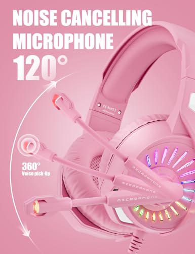 ZIUMIER Z20 Pink Gaming Headset with Microphone, Compatible with PS4 PS5 Xbox One PC Laptop, Over-Ear Headphones with LED RGB Light, Noise Canceling Mic, Stereo Surround Sound (Pink) - color: Pink