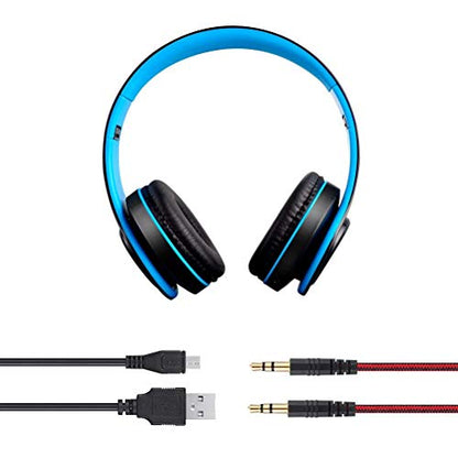 Wireless Headset with Mic, Foldable Bluetooth Headphone with 3.5mm Audio Jack, Built-in Noise Cancelling Microphone, Support for Plug-in Card, for PC, Phone(Black+Blue)