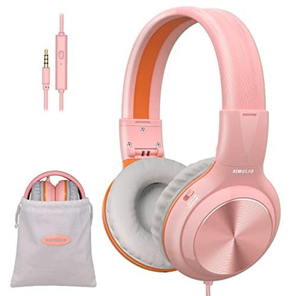 SIMOLIO Manyshare Series- Wired Headphones with Mic & Share Port, Volume Limited, Noise Isolating, Durable Plug in Headphones with Portable Pouch for Kids Girls, School, Travel, Laptop, Tablet (Pink)