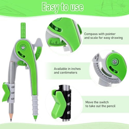 Zonon 2 Pcs Student Protractor and Compass Set, Student Geometry Math Drawing Compass and 180 Degree 6 Inch Protractor with Swing Arm for Drawing Measuring School Office (Green and Clear) - color: Green and Clear