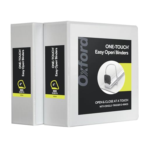 Oxford 3 Ring Binders, Durable Binders for School and Office, 4 Inch, ONE-Touch Easy Open D Rings, View Binder Covers, 4 Interior Pockets, PVC-Free, Holds 880 Sheets, White, 2 Pack (79921) - color: White