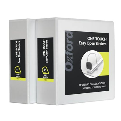 Oxford 3 Ring Binders, Durable Binders for School and Office, 4 Inch, ONE-Touch Easy Open D Rings, View Binder Covers, 4 Interior Pockets, PVC-Free, Holds 880 Sheets, White, 2 Pack (79921) - color: White
