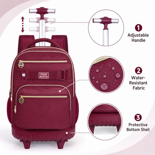 3Pcs Rolling Backpack for Girls Women, 19 Inche Adults Roller Backpacks with Wheels, School Wheeled Bookbag with Lunch Box(Wind Red) - color: Wine Red