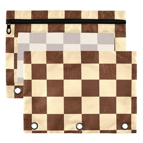 Burlywood Chessboard Binder Pouches 3 Ring for Boys Girls School Office College Supplies Yellow Buffalo Plaid Gold Pencil Pouches Case Bag with Clear Window and Zipper 2 Pack - color: Burlywood