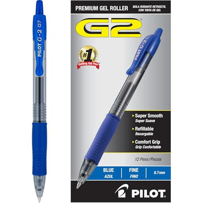 Pilot G2 Premium Gel Roller Pens, 0.7 mm, Blue Ink, Fine Point, Pack of 12 - Ideal for School, Journaling and Office Writing - color: Blue
