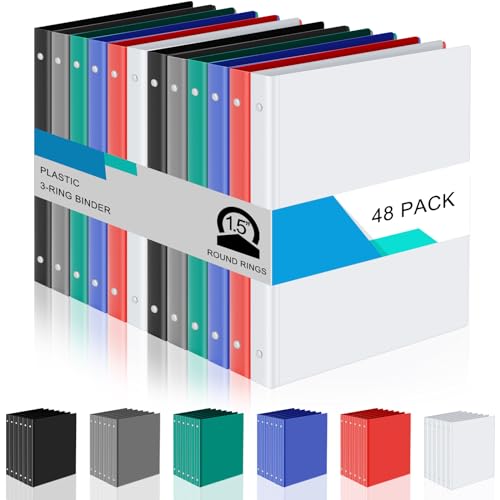 Fulmoon 48 Pack 3 Ring Plastic Binders 1.5 Inch Bulk with 2 Pockets, Flexible Binder Loose Leaf Hardcover, Fit 12" x 10" US Letter Size Paper, for School Office Home, 6 Colors(Classic) - color: Classic, size: 1.5 Inch