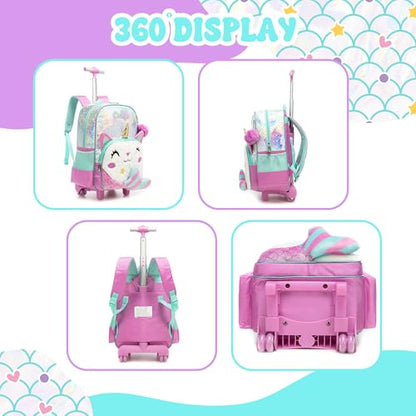 Meetbelify Backpack with Wheels for Girls Rolling Backpack Cute Carry on Backpack for Elementary Student - color: White Cat Mermaid