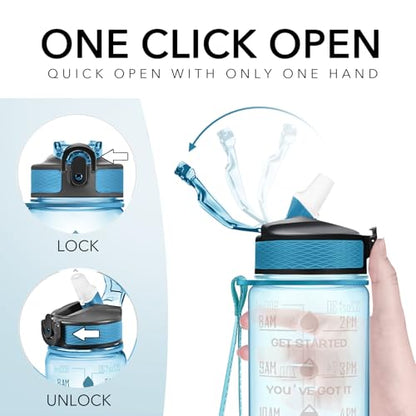 Hyeta Water Bottle with Straw & Time Marker, Plastic 32oz Leakproof | Motivational Tritan BPA Free Gym Office Outdoor Intake Tracker Hourly Reminder Straw Lid Carry Strap - color: Clear Cerulean