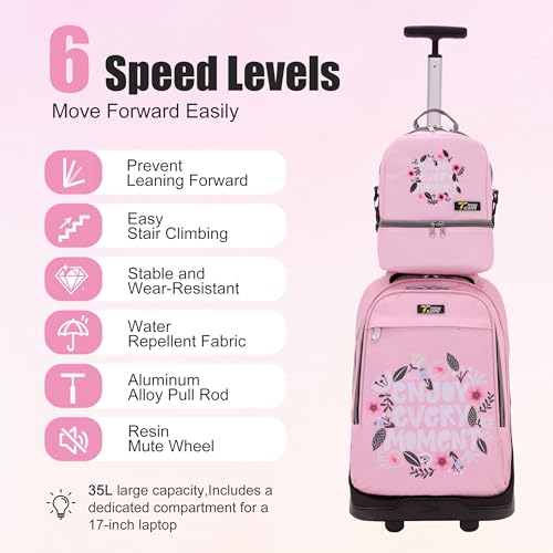 NEW TILAMI Rolling Backpack 19 inch with Lunch Bag Teens Cute Wheeled Computer Laptop Backpack Bookbag Roller Travel Bag College, Flower Pink - color: Flower Pink