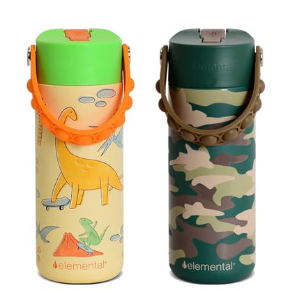 Elemental 100% Leak Proof When Spout is Closed Insulated Kids Water Bottle, Stainless Steel Bottle for School with Straw Lid & Pop-It Handle, Skater Dinos & Green Camo -18oz (2 Pack) - color: Dinos & Green Camo