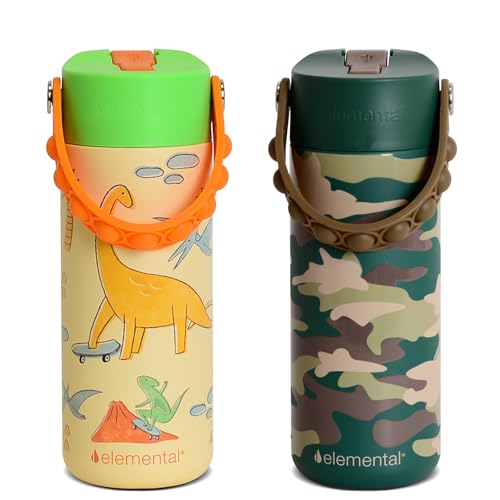 Elemental 100% Leak Proof When Spout is Closed Insulated Kids Water Bottle, Stainless Steel Bottle for School with Straw Lid & Pop-It Handle, Skater Dinos & Green Camo -18oz (2 Pack) - color: Dinos & Green Camo