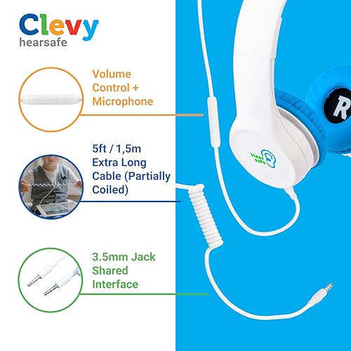 Clevy Kids Headphones Over-Ear 3.5mm Jack Wired - 5ft Tangle-Free Cord with HD Mic, 85dB Volume Limited for iPad/Computer, Foldable Durable Carrying Case