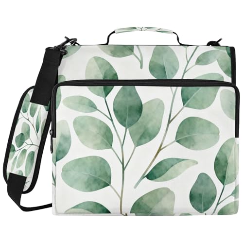 Eucalyptus Leaves Zipper Binder with 2 Inch D-Rings Expandable File Portfolio with Shoulder Strap, Waterproof Nylon Organizer for 14" Laptop for Work College Travel