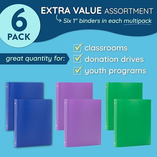 Blue Summit Supplies 6 Pack 3-Ring Plastic Binder, 1-Inch Flexible Binder, Soft Cover with Pocket, Assorted Colors with Blue, Green, and Purple Bendable Binders