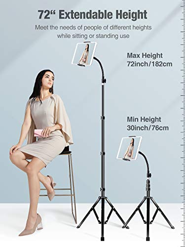 elitehood Metal iPad Tripod Stand, 72in Gooseneck Tablet Floor Stand Holder | Heavy Duty Aluminum Tall iPad Floor Stand, Adjustable iPad Music Stand for Pro 13 11, Mini, Air, iPhone and 4.7-13" Tablets - size: 4.7–13" · Side Clamp