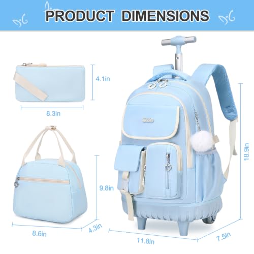 DIGOBAY Rolling Backpack for Girls, Girls Roller Backpack with Lunch Bag and Pencil Case, School Bookbag with Wheels for Elementary Middle High School Travel, Blue - color: Blue