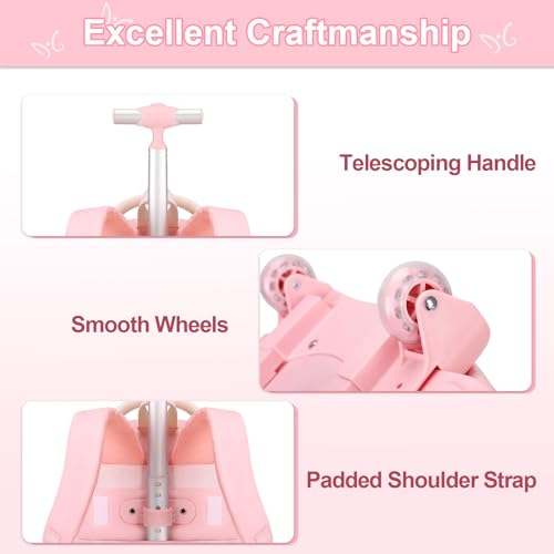 DIGOBAY Rolling Backpack for Girls, Cute Roller School Bag with Wheels, Kids Wheeled Backpacks Set with Lunch Bag Pencil Case for Teen Girls Kindergarten Elementary Middle School - color: Beige-pink