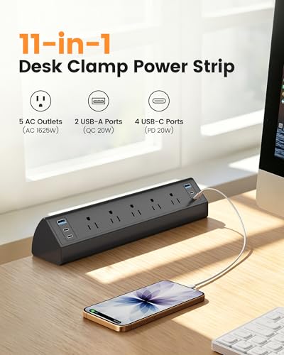 SURAIELEC Desk Clamp Power Strip with 5 Outlets, 4 PD 20W USB-C & 2 USB-A Ports, 40W Total Fast Charging Station, 900J Surge Protector, Fit 1.97 in Desk Edge Mount, 45° Flag Plug, 6 ft Extension Cord