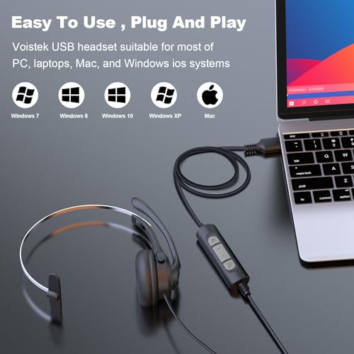 Voistek USB Headset with Microphone for PC & Laptop, Wired Mono Computer Headset with Noise Cancelling Microphone,in-Line Volume Control for Teams, Zoom, VoIP,Skype - style: Single Ear