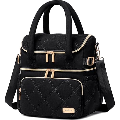 Weitars Lunch Bag for Women Men,Double Deck Lunch Box for Women,Quilted Lunch Tote for Work,Insulated Lunch Cooler Leakproof Lunchbox for Adult with Shoulder Strap &Pockets for Picnic Hiking (Black) - color: Black