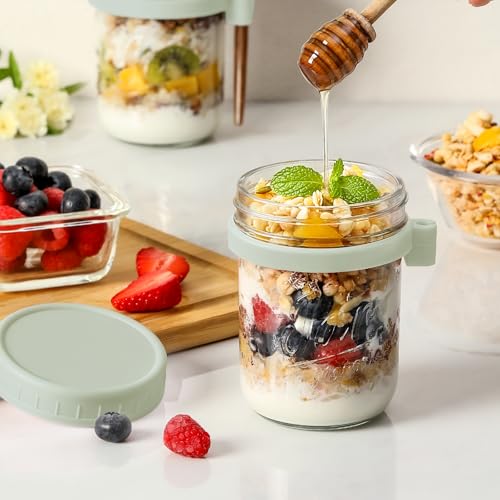 LANDNEOO 4 Pack Overnight Oats Containers with Lids and Spoons, 16 oz Glass Mason Jars with Airtight Lids, Overnight Oats Jars for Milk, Cereal, Fruit-Green - color: Green