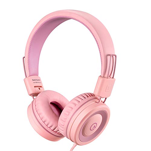 noot products K11 Kids Headphones Wired 3.5mm Jack Tangle-Free Soft Pink | 5ft Long Cord, Foldable, Plug in On-Ear Headset for iPad, Amazon Kindle Fire, Boys, Girls, School, Laptop Travel Plane Tablet - color: Soft Pink