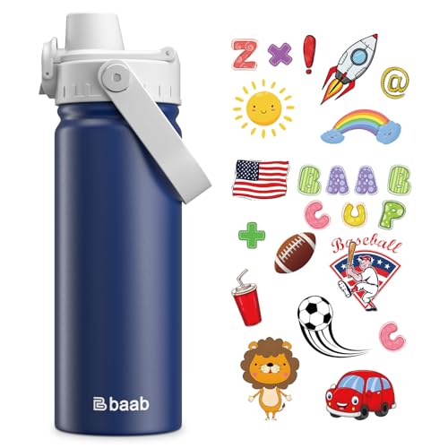 baab 18oz Kids Water Bottle, Insulated Kids Water Bottle with Lockable Spout Lid & Stickers, 18/8 Stainless Steel Vacuum Leakproof Kid Water Cup with Handle for Boy Girl & School (Grey+Navy Blue) - color: Grey+Navy Blue, size: 18 Ounces