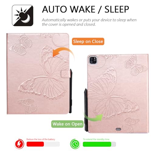 Dteck Wallet Case for iPad Air 13 Inch M2 2024 & iPad Pro 12.9 2022/2021/2020/2018 with Pencil Holder,Embossed Butterfly Auto Sleep/Wake PU Leather Smart Stand Girls Cute Folio Pocket Cover,Rosegold - color: 10 Rosegold