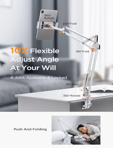 LISEN Tablet Stand iPad Stand for Desk Mount [Ultra Sturdy 2 Clamps] Kindle iPad Holder for Bed Gooseneck Phone Tablet Holder Mount fits iPhone Kindle 4-13" Device (White) - color: White