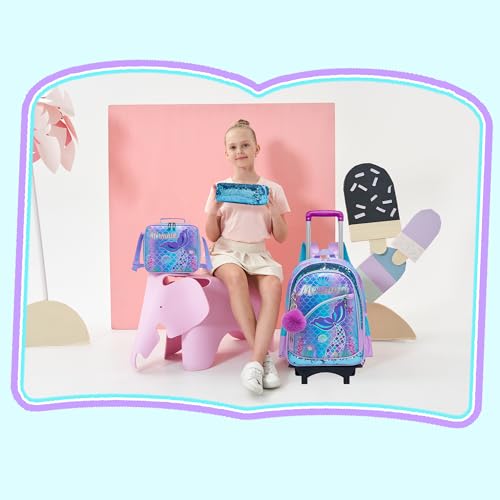 Meetbelify Girls Cute Backpack with Wheels for Elementary Students Kids Black Travel Luggage - color: Blue Mermaid