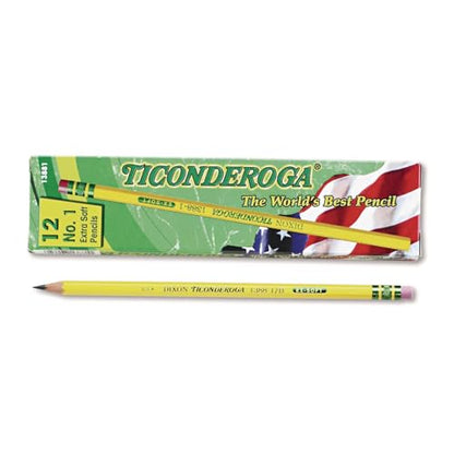 Ticonderoga Wood-Cased Pencils, 1 B Extra Soft, Yellow, 12 Count