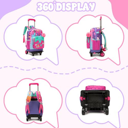 Girls Rolling Backpack for Kids Ages 8-12 Wheeled Backpack for Kids Backpacks for Girls with Lunch Bag Back to School Supplies Kit - color: Purple Ice Cream