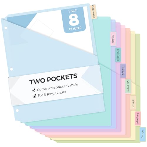 SKYDUE Binder Dividers with Pockets, 8 Tab Dividers for 3 Ring Binder, Letter Size Plastic Pocket Dividers with Writable Labels, Binder Organizer for School, Office, Home - color: Blue, size: 1 SET