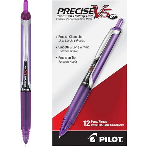 Pilot Precise V5 RT Refillable Rollerball Pens, Extra Fine Point Pens 0.5 mm, Purple, Pack of 12 - Ideal for School, Journaling & Office Writing - color: Purple, size: 12 Count (Pack of 1)