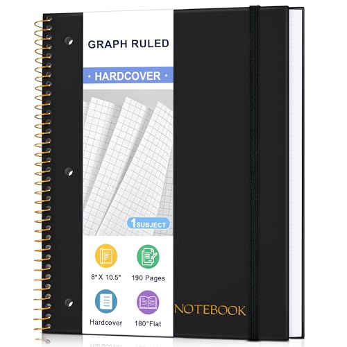 Spiral Notebook Graph Ruled Paper 8" x 10 1/2", 1 Subject Spiral Grid Notebook 3-Hole Punched Perforated Page Ideal for School, Office, Writing, 95 Sheets Lined Journaling Graphing Notebook, Black - color: Black, size: Graph Paper