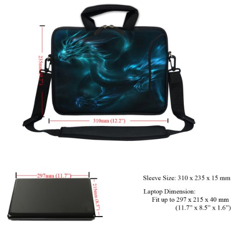12 Inch Water Resistant Neoprene Laptop Bag with Reinforced Zipper, Strap, Pockets, Fits 11.6" to 12.3" Laptops - color: Blue Dragon